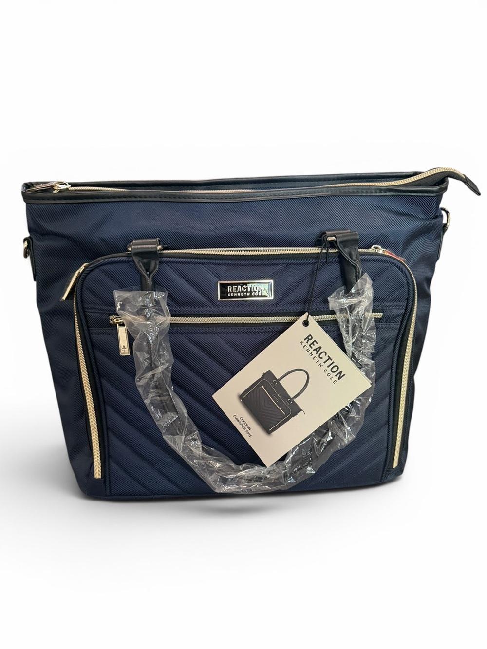 NWT Reaction Kenneth Cole Chelsea Navy Quilted Tote with Gold Trim